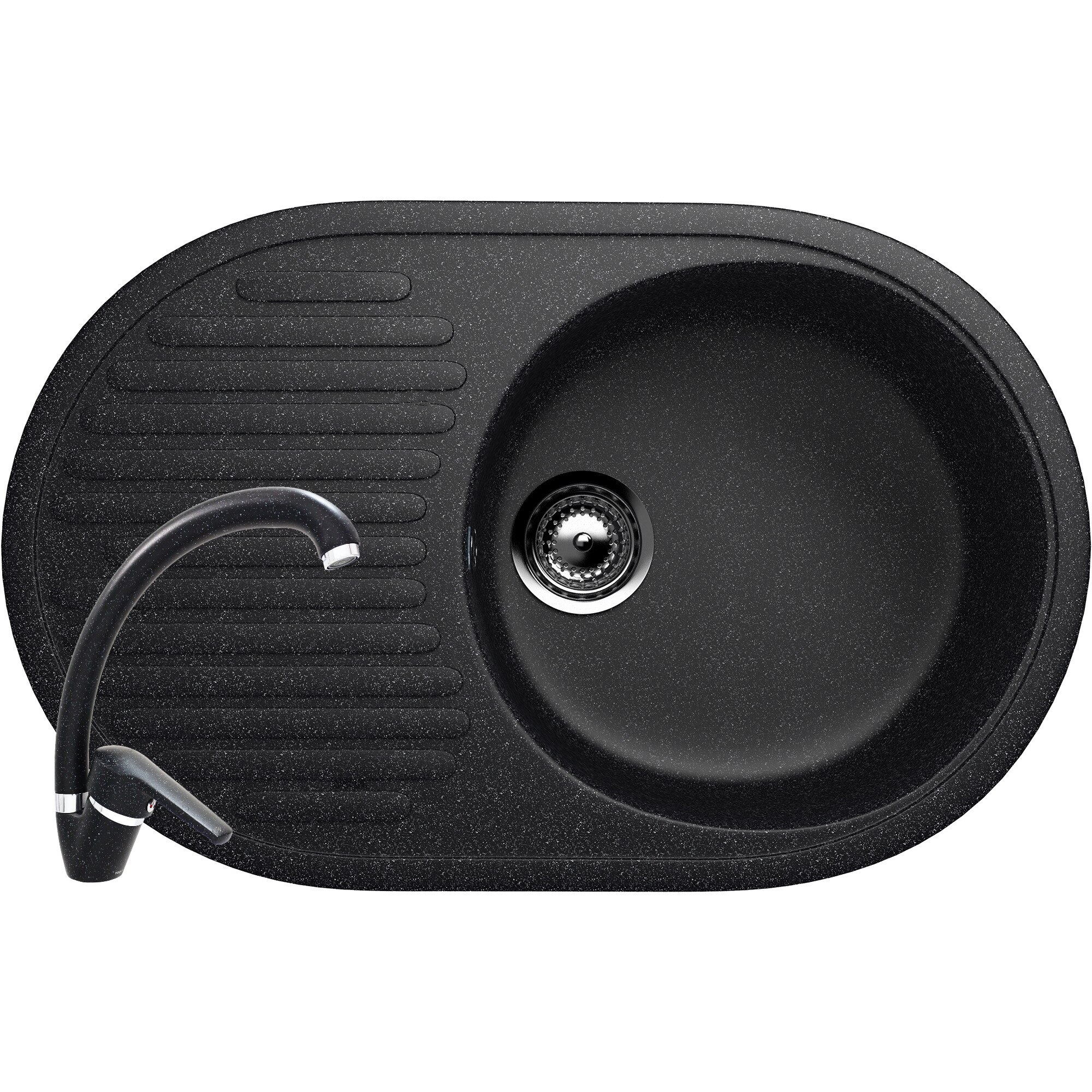 Set Chiuveta ovala Compozit Bucatarie Ulgran U-107-308, Negru, Reversibila, Sifon Complet inclus + Baterie Fleko FZUF-MD275, Negru, Monocomanda