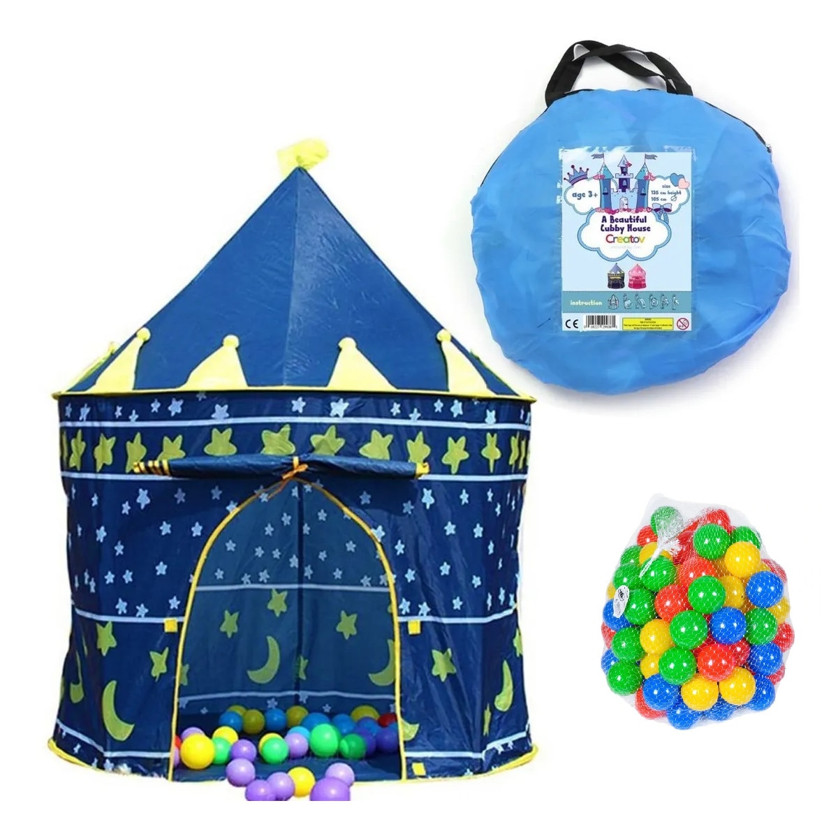 Cort de joaca pentru copii ISP LikeSmart Cubby House, usor de instalat,100 de bile Colorate + Husa de Transport inclusa, Albastru
