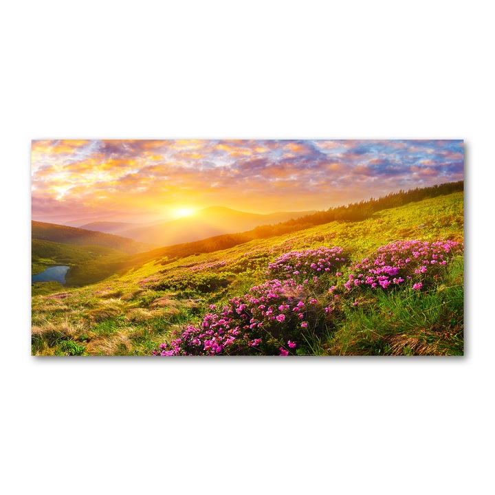 Tablou pe sticla. 100x50cm. Imagine imprimata sticla. Decorarea peretilor "Munti de apus”