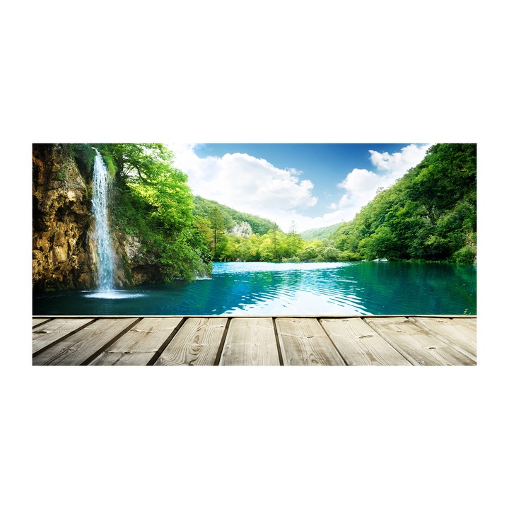 Tablou pe sticla. 100x50cm. Imagine imprimata sticla. Decorarea peretilor "Cascada in padure”