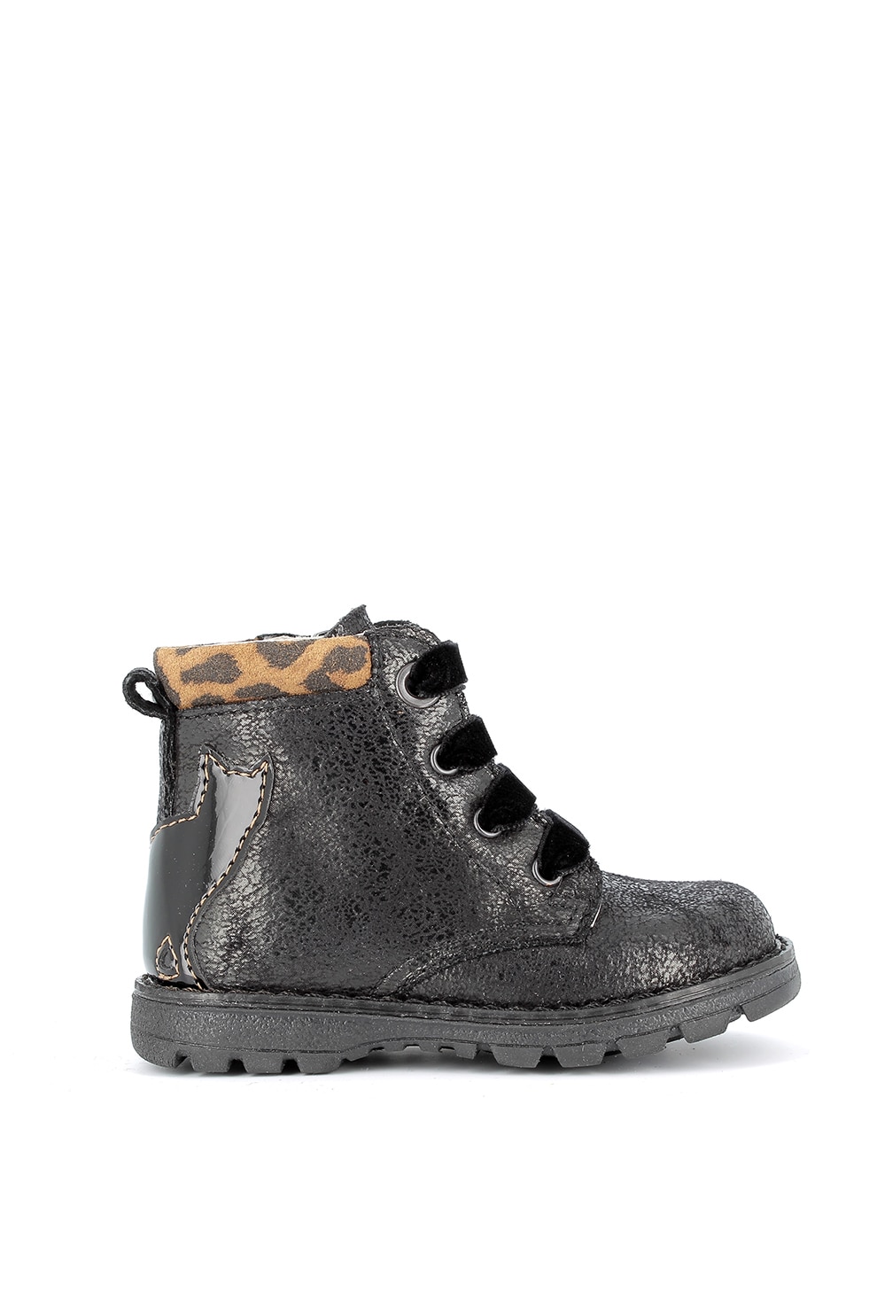 Primigi, Ghete de piele ecologica, cu sireturi catifelate, Negru/Argintiu inchis, 33 EU