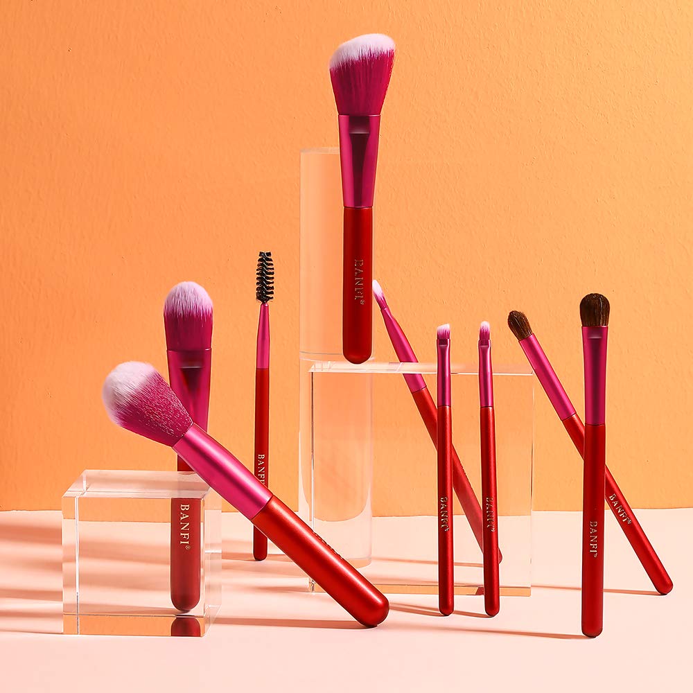 Set 9 pensule machiaj profesional, Banfi, Par sintetic, Maner lemn, Husa, Rosu