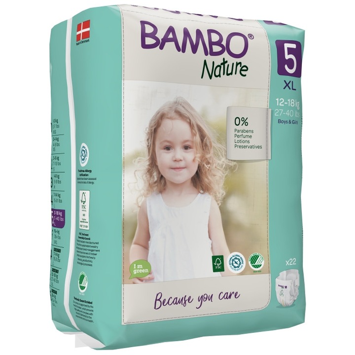 Eко пелени Bambo Nature, за еднократна употреба, размер 5, XL, 12-18 кг., 22 броя