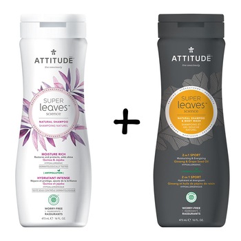 Pachet Sampon ecologic Attitude Superleaves pentru par uscat si aspru, 473 ml + 2 in 1 Sampon si gel de dus ecologic Attitude Superleaves Sport pentru barbati, 473 ml Pachet Sampon ecologic Attitude Superleaves pentru par uscat si aspru, 473 ml + 2 in 1 Sampon si gel de dus ecologic Attitude Superleaves Sport pentru barbati, 473 ml