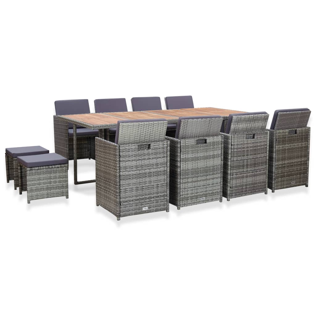 Set mobilier de exterior masa cu fotolii 13 piese, vidaXL, Poliratan/Lemn, 225 x 109 x 74 cm, Gri