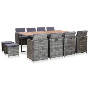 Set mobilier de exterior masa cu fotolii 13 piese, vidaXL, Poliratan/Lemn, 225 x 109 x 74 cm, Gri Set mobilier de exterior masa cu fotolii 13 piese, vidaXL, Poliratan/Lemn, 225 x 109 x 74 cm, Gri