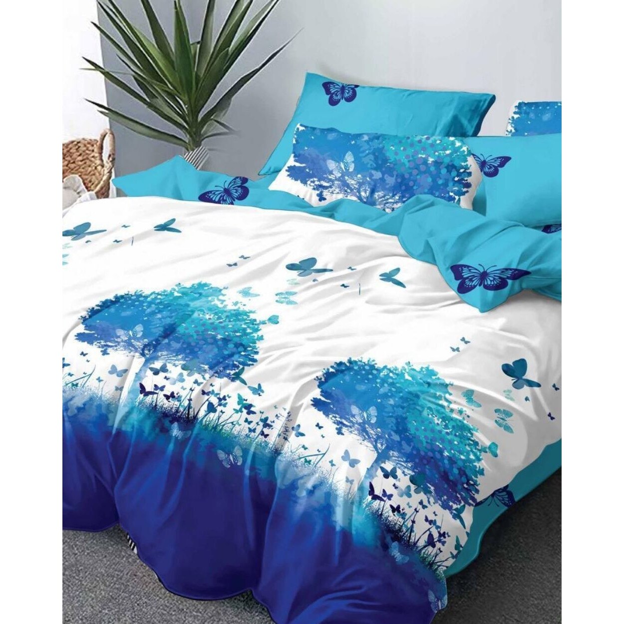 Set Lenjerie de Pat din Finet Satinat, 6 Piese, Pat 2 Persoane, Blue Tree