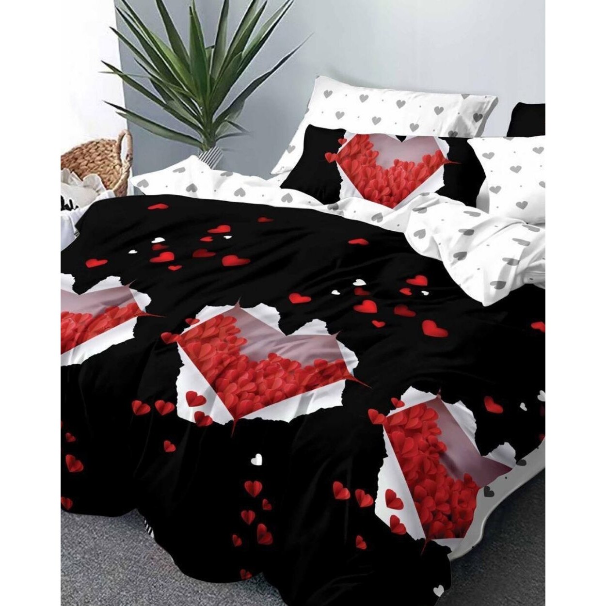 Set Lenjerie de Pat din Finet Satinat, 6 Piese, Pat 2 Persoane, Petale din Inimi