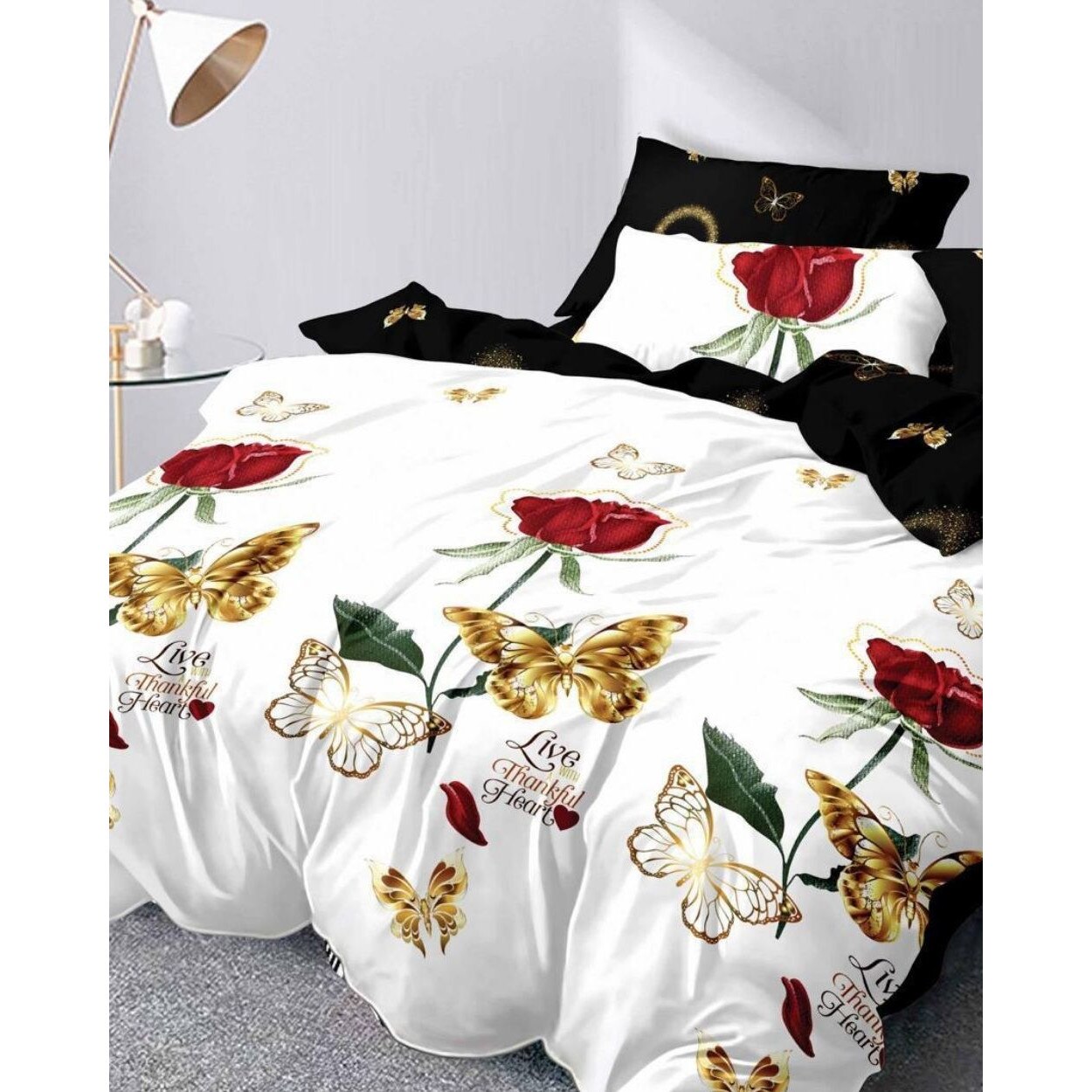 Set Lenjerie de Pat din Finet Satinat, 6 Piese, Pat 2 Persoane, Golden Butterflies