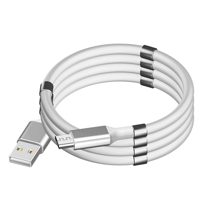 Cablu de incarcare rapida si transfer de date, 1 m, EVTrend® PREMIUM, USB - Micro USB, pentru Android, organizare magnetica, ALB
