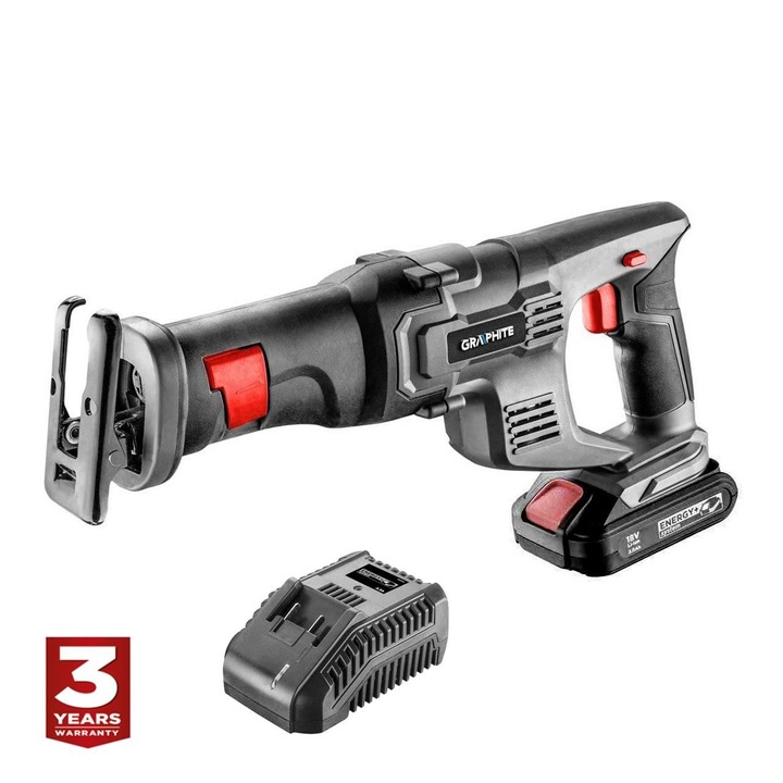 Fierastrau tip sabie cu acumulator 2 Ah, incarcator 18 V Li-ion, Graphite Energy