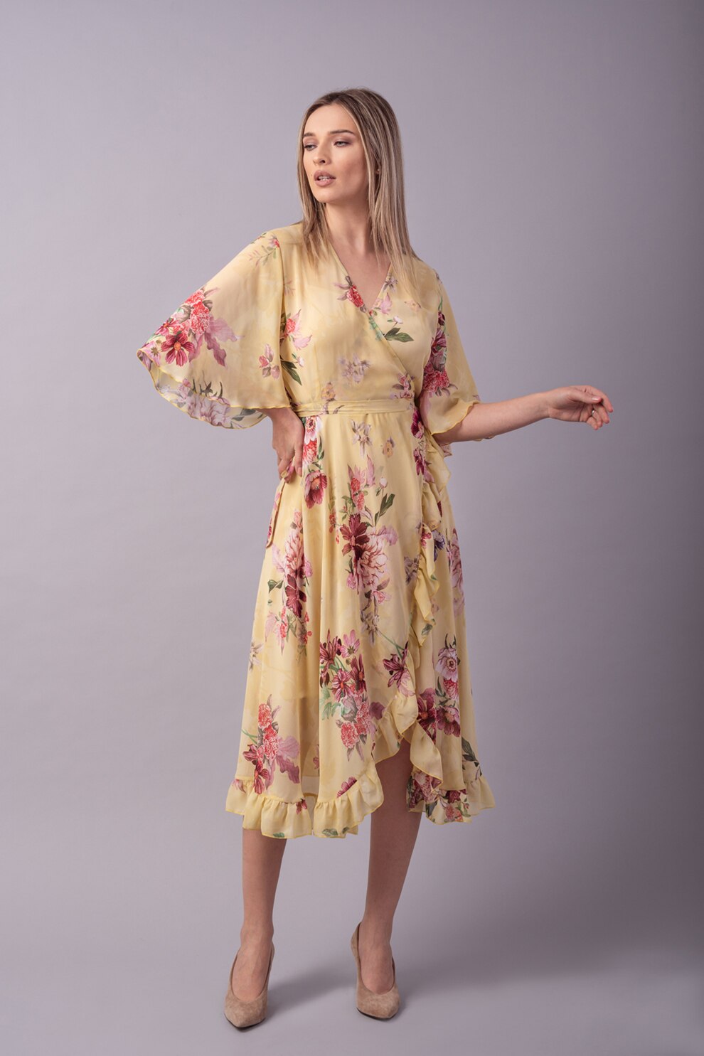 Couture de Marie, Rochie petrecuta cu model floral si volane, Bej