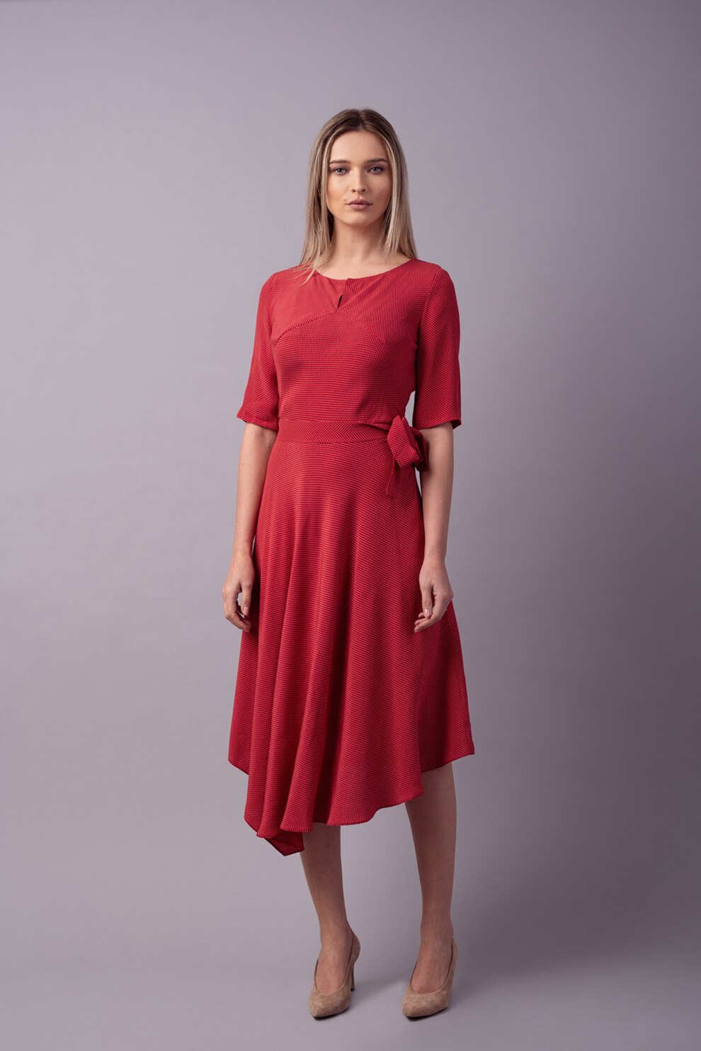 Couture de Marie, Rochie cu terminatie asimetrica si model in buline, Rosu caramiziu