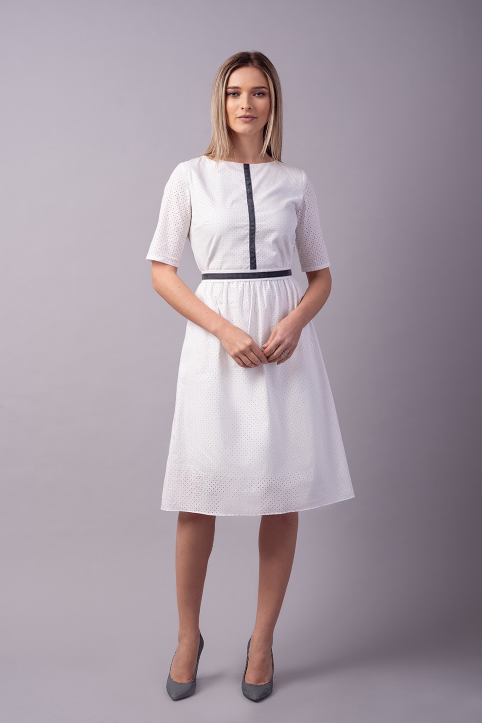 Couture de Marie, Rochie midi evazata cu garnituri contrastante, Alb