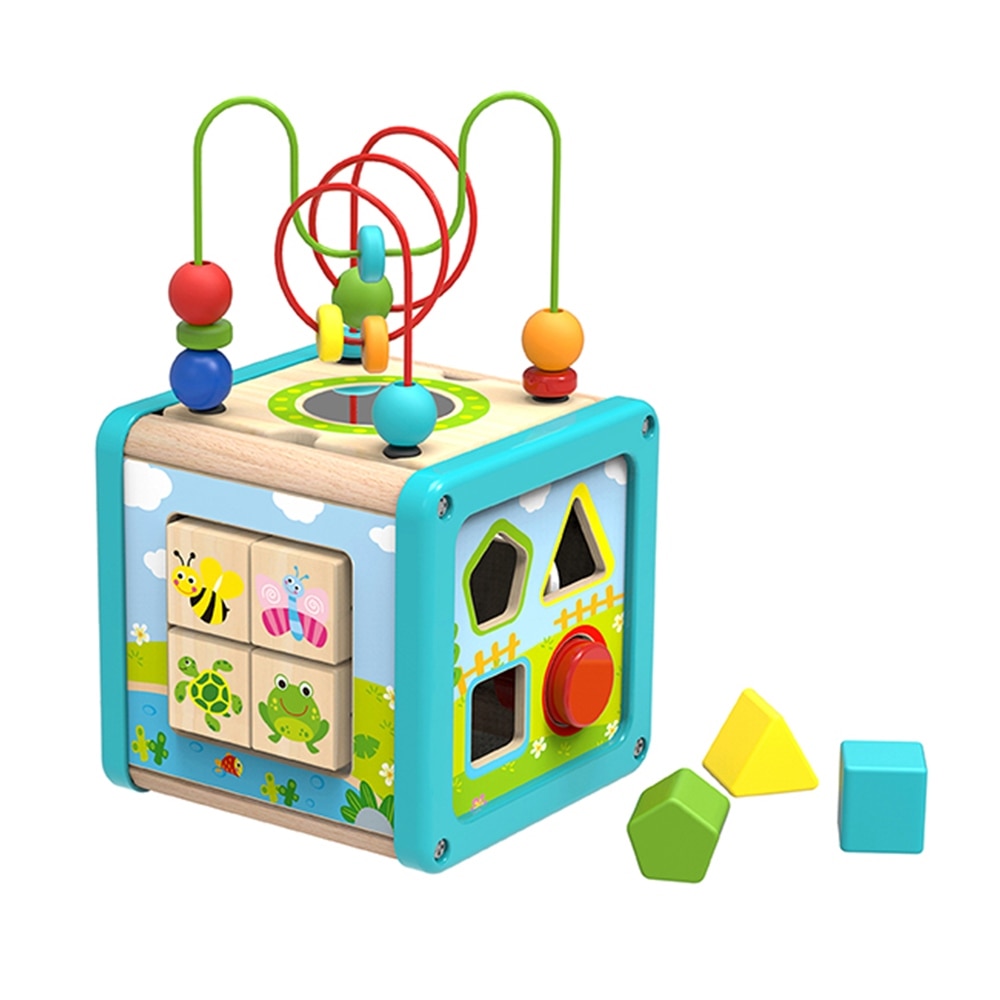 Cub educativ multifunctional din lemn masiv NOVOKIDS™ Wooden EduCube, 5 in 1, Cu forme geometrice, Labirint, Motricitate si puzzle, Materiale Eco, Multicolor