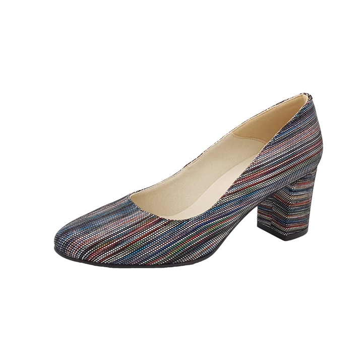 Pantofi dama piele naturala cu imprimeu varf rotund toc masiv mediu negru, Multicolor