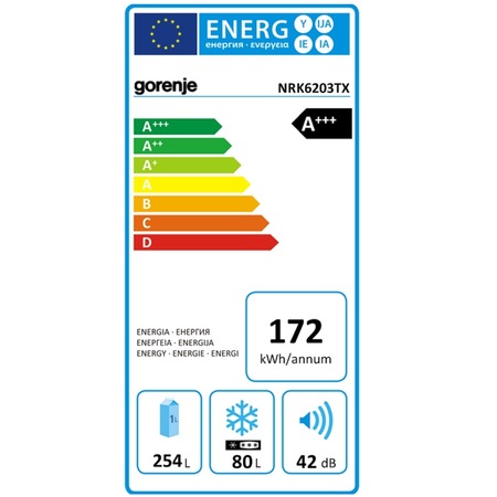 Combina frigorifica Gorenje NRK6203TX, NoFrost Plus, 334 l, Clasa A+++, H 200 cm, Inox