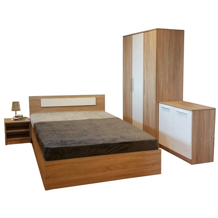 Dormitor Sonoma, Stejar Bardolino si Alb, Pat 160 cm