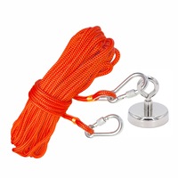 Set Magnet Fishing Neodym D60mm, 120kg si Cordelina Portocalie de 6 mm, L20m cu Ambele Capetele Tesute, Prevazute cu Rodante si Carabine din Inox