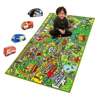 Set 4 Masinute Moi + Covoras de joaca interactiv imprimat cu desene cladiri si strazi, Jucarie educationala pentru copii, AK5020 Set 4 Masinute Moi + Covoras de joaca interactiv imprimat cu desene cladiri si strazi, Jucarie educationala pentru copii, AK5020