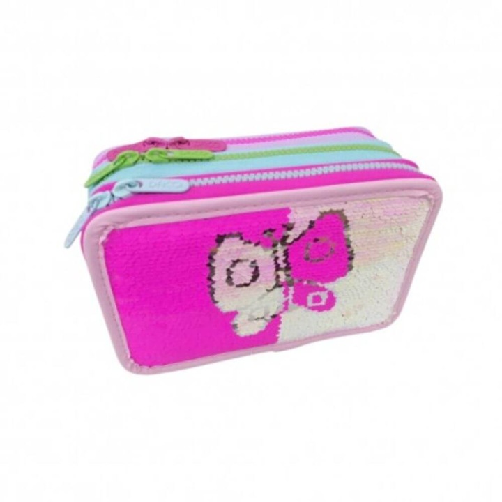 DACO tolltartó, pillangómintás modell, 20x7x13 cm, PVC, fukszia színű, három cipzáras rekesszel