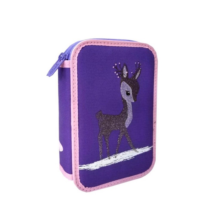 Felszereletlen DACO tolltartó, Doe modell, 19,5x12,5x6,5 cm, poliészter, lila, három cipzár három rekesszel