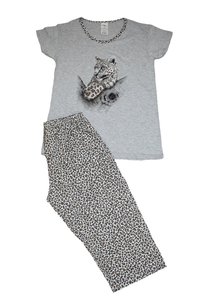 Pijama dama marca SERENA cu pantalon 3/4 si bluza cu maneci scurte imprimeu LEOPARD, Gri