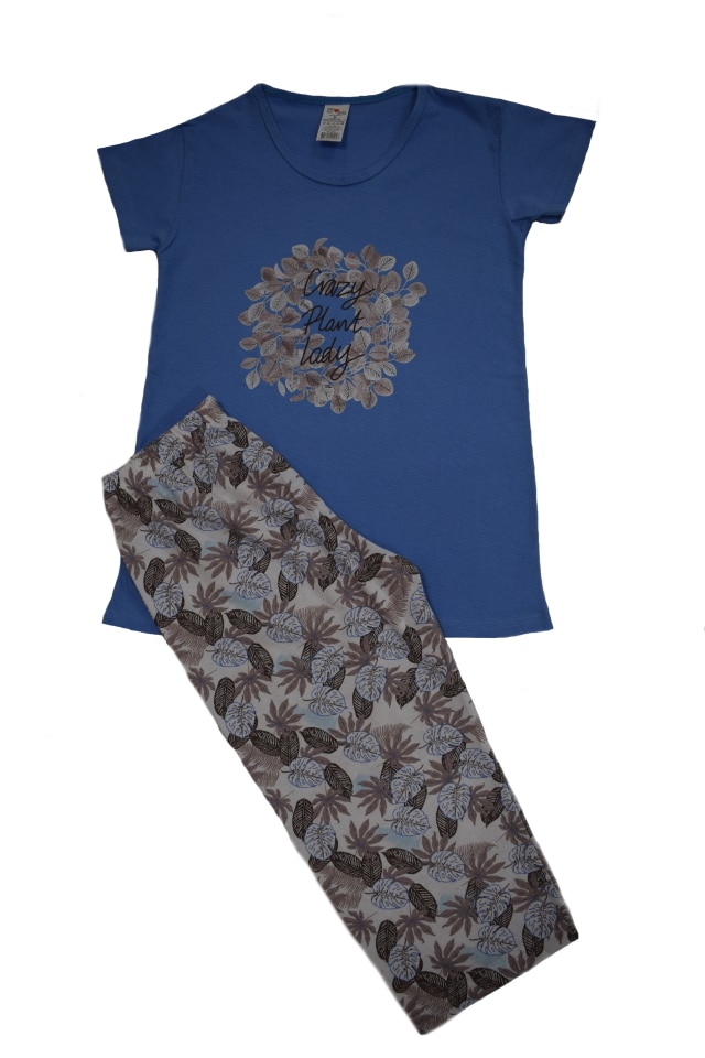Pijama dama marca SERENA cu pantalon 3/4 si bluza cu maneci scurte imprimeu CRAZY PLANT LADY, Albastu
