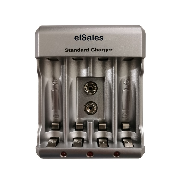 Incarcator elSales ELS-636 pentru 4 acumulatori R3 , R6 9V , argintiu