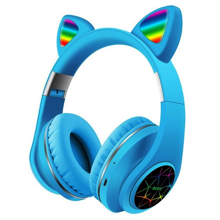 OEM Vezeték nélküli audio fejhallgató, macskafül, M2, LED világítás, Bluetooth 5.0, sztereó, kék hifi