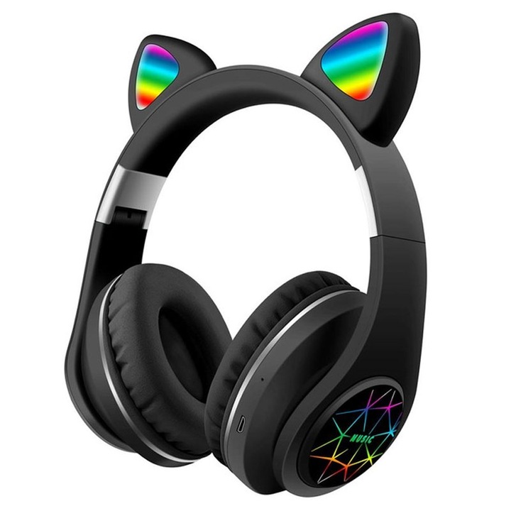 Vezeték nélküli audio fejhallgató, Macskafül, M2, LED világítás, Bluetooth 5.0, Sztereó, HiFi Fekete