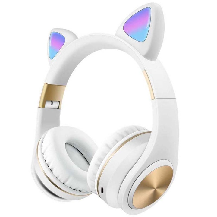 Vezeték nélküli audio fejhallgató, Macskafül, M1, LED világítás, Bluetooth 5.0, Sztereó, HiFi Fehér