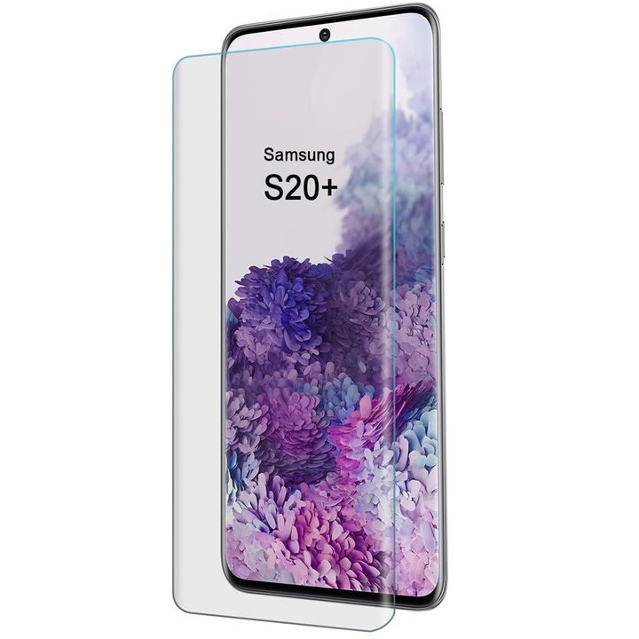Folie protectie din sticla cu gel UV compatibila cu Samsung Galaxy S20 Plus, case friendly, full screen, full glue, PlanetPhone