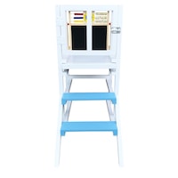 Turn de invatare, Learning Tower, din lemn de tei, cu tabla educativa, Alb + trepte bleu