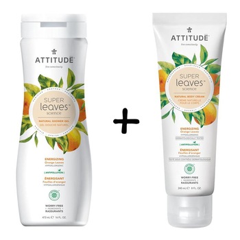 Pachet Gel de dus ecologic Attitude Superleaves energizare, frunze de portocal, 473 ml + Crema de corp ecologica Attitude Superleaves energizare, frunze de portocal, 240 ml Pachet Gel de dus ecologic Attitude Superleaves energizare, frunze de portocal, 473 ml + Crema de corp ecologica Attitude Superleaves energizare, frunze de portocal, 240 ml