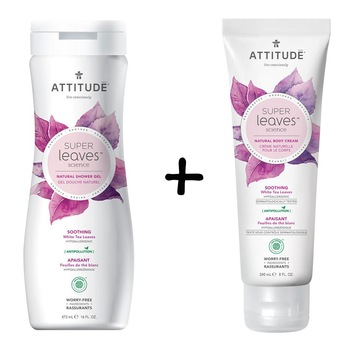 Pachet Gel de dus ecologic Attitude Superleaves calmare, frunze de ceai alb, 473 ml + Crema de corp ecologica Attitude Superleaves calmare, frunze de ceai alb, 240 ml Pachet Gel de dus ecologic Attitude Superleaves calmare, frunze de ceai alb, 473 ml + Crema de corp ecologica Attitude Superleaves calmare, frunze de ceai alb, 240 ml
