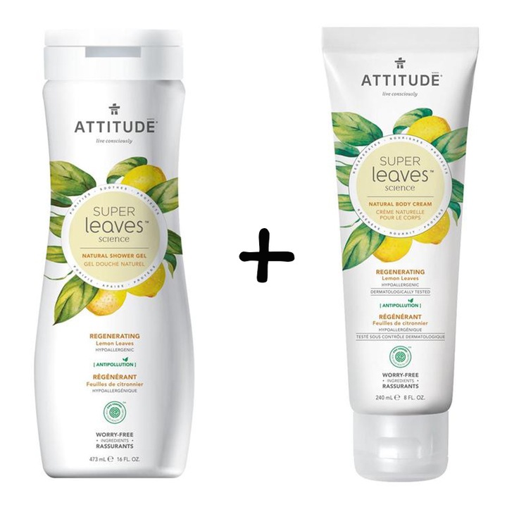 Csomag Attitude Superleaves regeneráló bio tusfürdő, citromlevél, 473 ml + Attitude Superleaves regeneráló bio testápoló krém, citromlevél, 240 ml