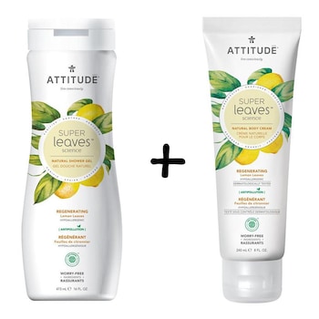 Pachet Gel de dus ecologic Attitude Superleaves regenerare, frunze de lamai, 473 ml + Crema de corp ecologica Attitude Superleaves regenerare, frunze de lamai, 240 ml Pachet Gel de dus ecologic Attitude Superleaves regenerare, frunze de lamai, 473 ml + Crema de corp ecologica Attitude Superleaves regenerare, frunze de lamai, 240 ml