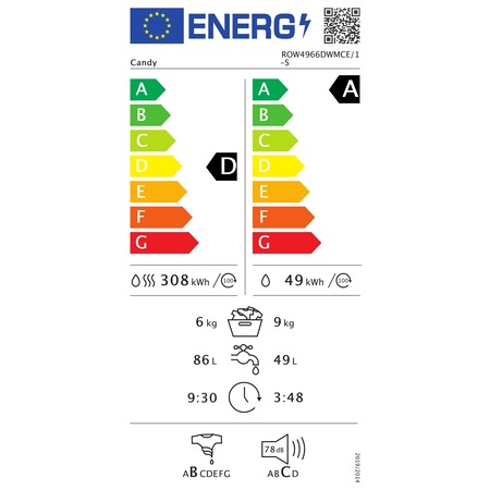 Masina de spalat rufe cu uscator Candy Rapido ROW4966DWMCE/1-S, 9 kg spalare, 6 kg, 1400 RPM, Clasa A, Motor Inverter, WiFi, Mix Power Systems, Alb