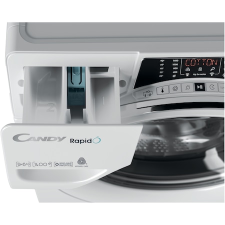 Masina de spalat rufe cu uscator Candy Rapido ROW4966DWMCE/1-S, Spalare 9 kg, Uscare 6 kg, 1400 rpm, Clasa A, Motor Inverter, Steam, Kilo Detector, Mix Power System, Alb