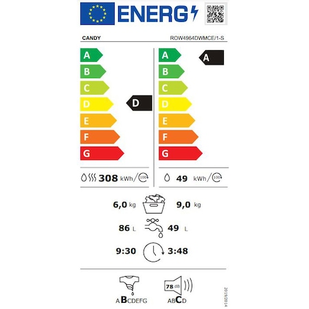 Masina de spalat rufe cu uscator Candy Rapido ROW 4964DWME/1-S, 9 kg Spalare, 6 kg Uscare, 1400 RPM, Clasa A, Motor Inverter BPM, Mix Power Systems, Steam, Alb