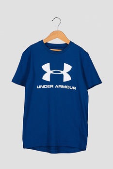 Under Armour, Tricou lejer cu imprimeu logo pentru fitness, Albastru, 122-127 CM Under Armour, Tricou lejer cu imprimeu logo pentru fitness, Albastru, 122-127 CM