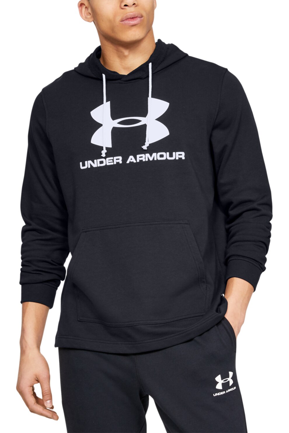 Under Armour, Hanorac cu logo si buzunar kangaroo pentru antrenament, Negru/Alb