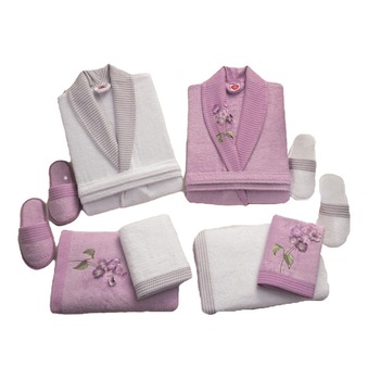 Set matrimonial 8 piese, 2 halate baie, 4 prosoape si 2 perechi papuci, bambus si bumbac, Cotton Box, Alb/Lila Set matrimonial 8 piese, 2 halate baie, 4 prosoape si 2 perechi papuci, bambus si bumbac, Cotton Box, Alb/Lila