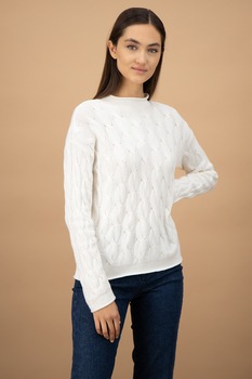 United Colors of Benetton, Pulover din amestec de lana cu model cu torsade, Alb United Colors of Benetton, Pulover din amestec de lana cu model cu torsade, Alb