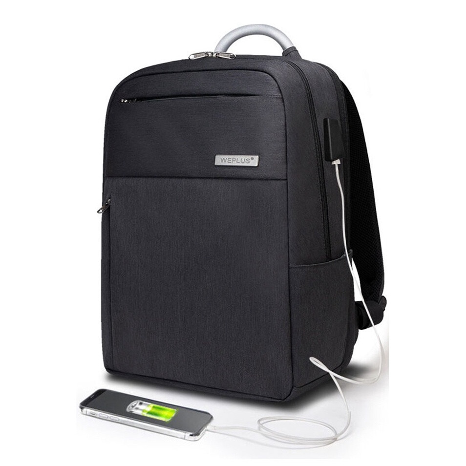 Rucsac laptop 15.6 inch, port USB, rezistent la stropi de apa, sistem fixare pe valiza WEPLUS, WP8199BK, Negru