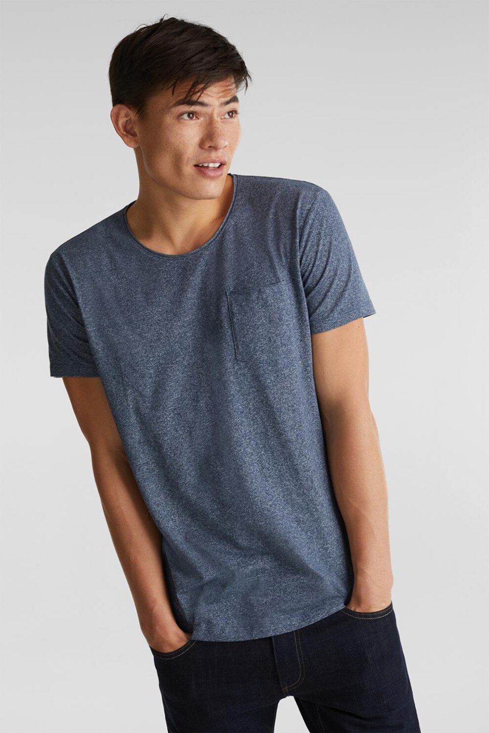 EDC by Esprit, Tricou din amestec de bumbac organic cu buzunar pe piept, Albastru prafuit/Alb, M
