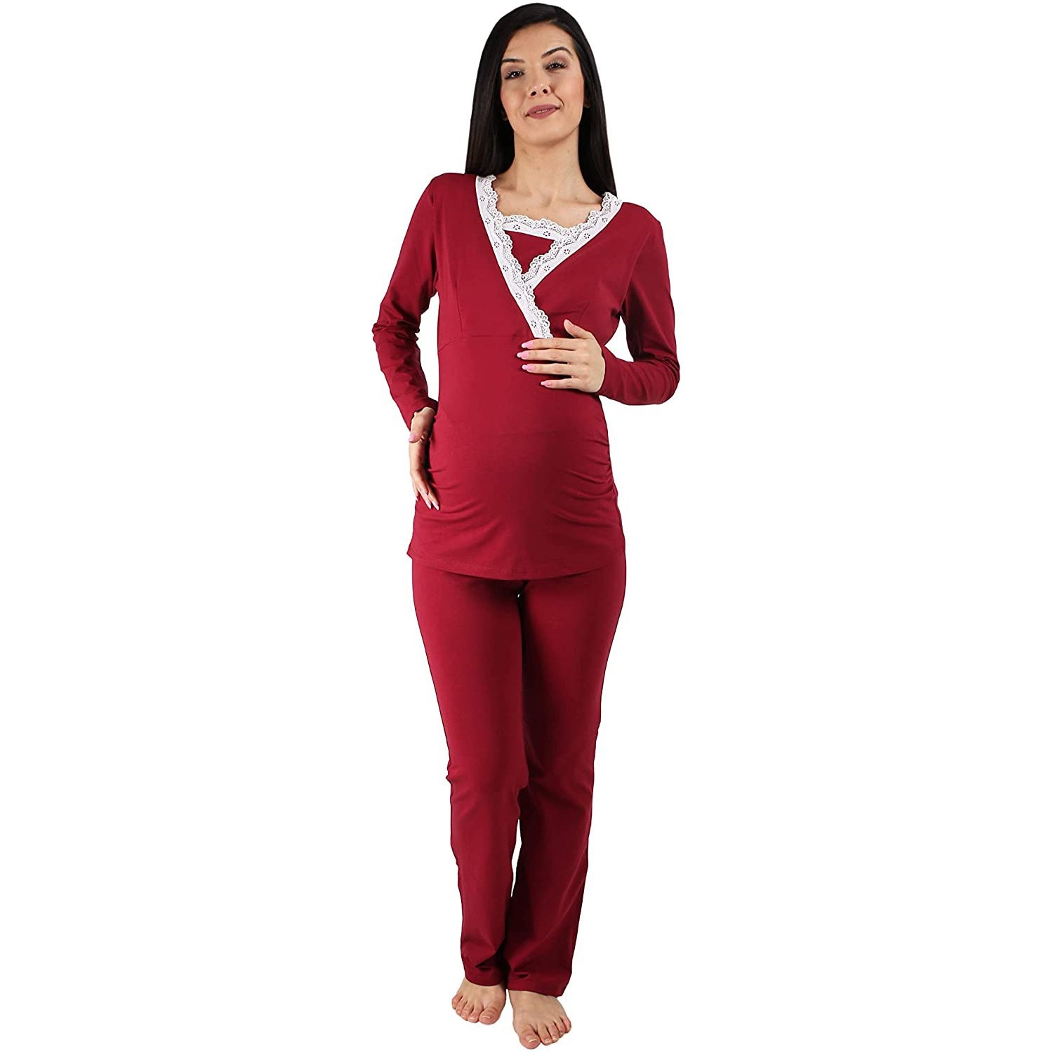 The Discourse Sideways Pijama gravide pentru sarcina si alaptare, din bumbac, cu maneca lunga,  Bordo, Marimea XL - eMAG.ro