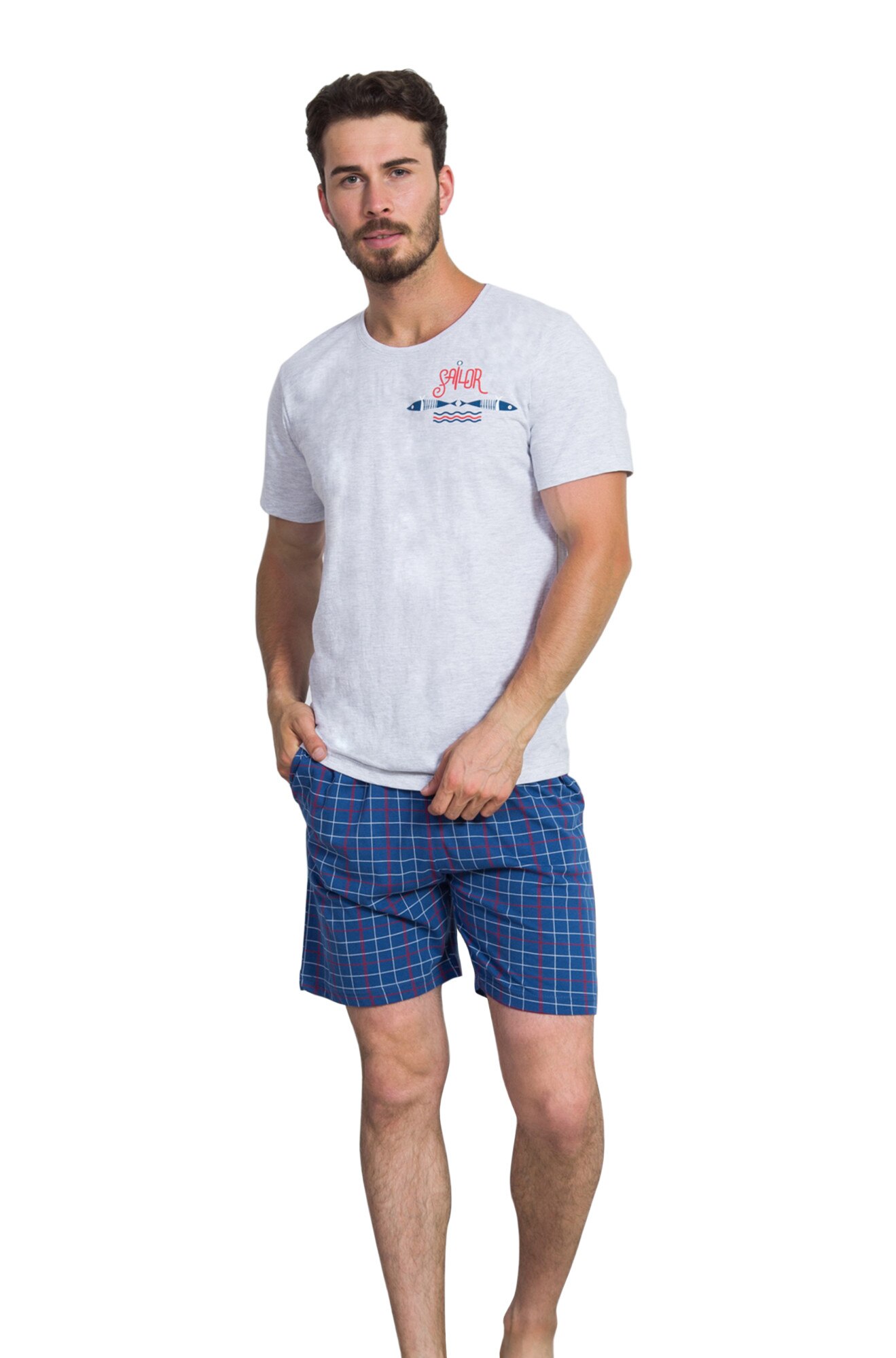 Pijama barbati Gazzaz by Vienetta, model Sailor, gri melange/albastru