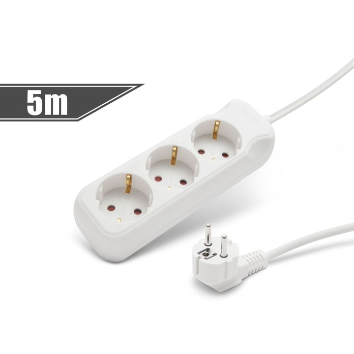Prelungitor 3 prize, 5 m, protectie pentru copii, alb